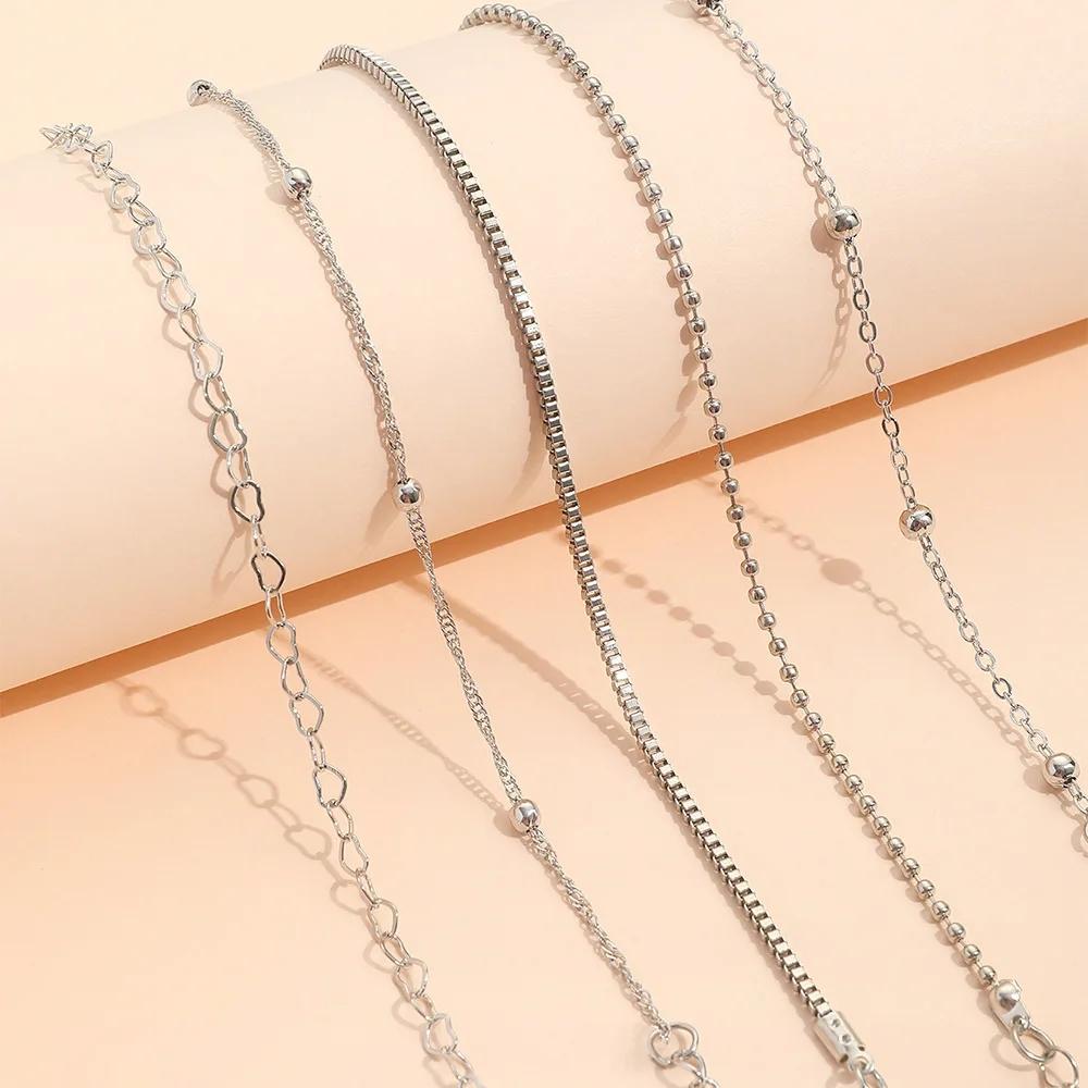5 Piece Stainless Steel Heart Bead Multi-Layer Bracelet Set, Stackable Bracelets, Unisex Accessory, Perfect for Daily Wear, Work, and Parties