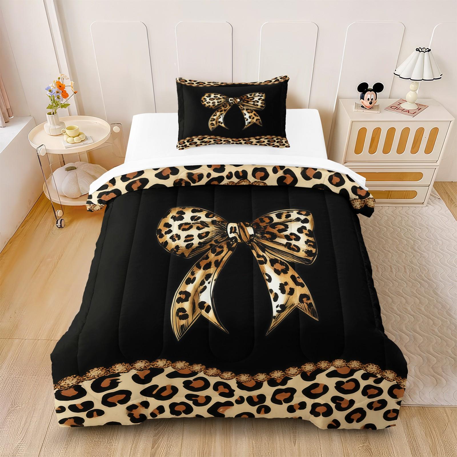Leopard Print Bow Pattern Comforter Set, Soft And Durable Bedding Set, Including 1 Comforter And 1 Or 2 Pillowcases, Suitable For Children And Adults Daily Holiday Birthday Gifts Bedroom Decorations, Soft Bedding Sets