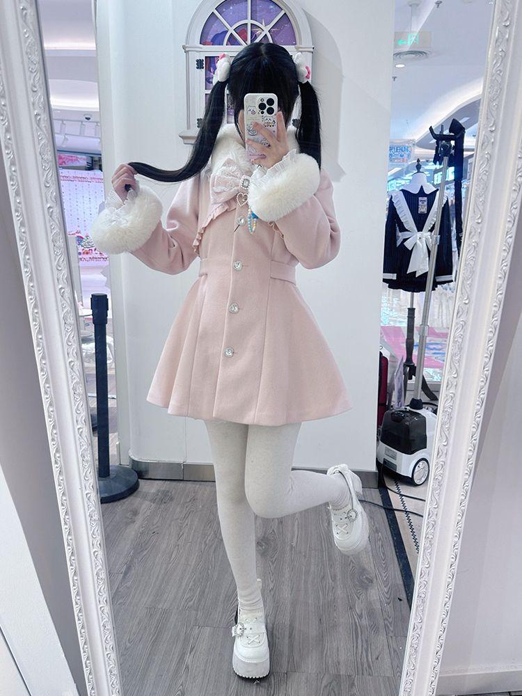 Winter Design Fashion Elegant Pink Slim Woolen Cloth Coat Women Kawaii Sweet Warm Fur Collar Bow Lace Patchwork Casual Overcoat