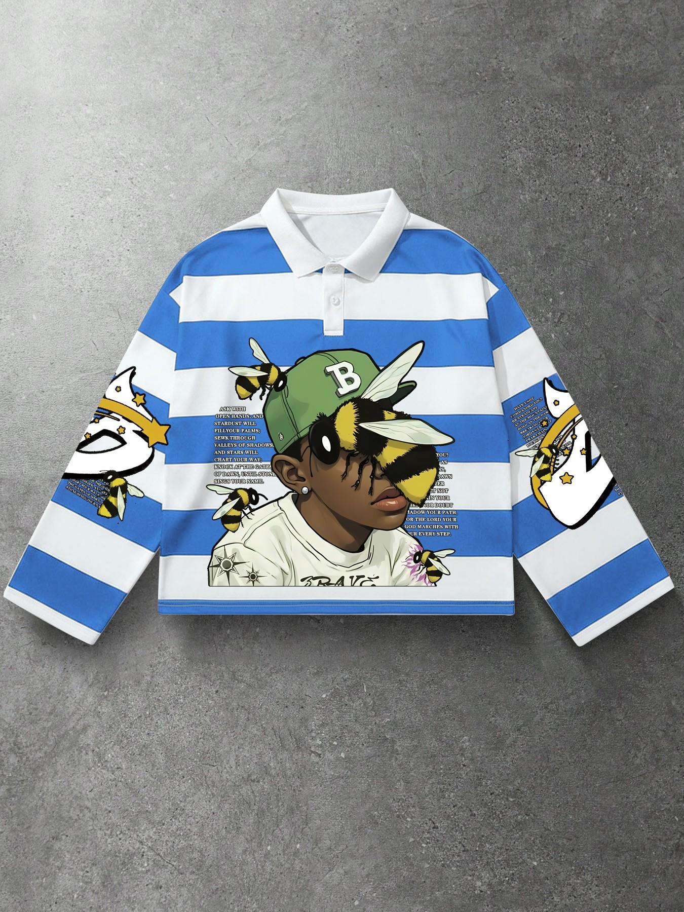 1 Piece Men's Long-Sleeve Polo Shirt, Streetwear Style with Black-White Stripe, Graphic Bee and Poetic Text Print for Casual Daily Wear and Outings