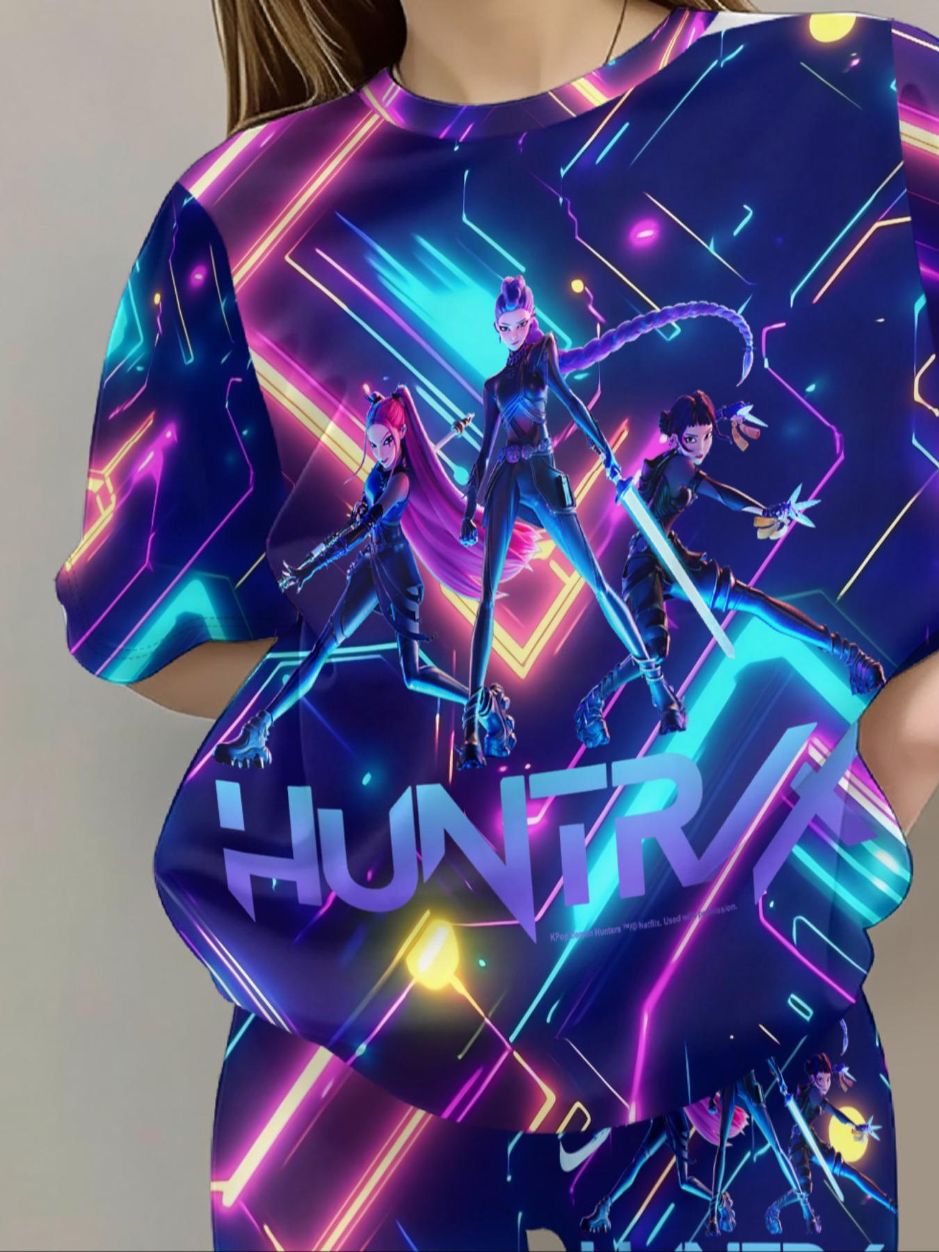 New Kids Trendy Starry Neon Full Print Set, Short Sleeve Loose Top + Unique Bell Bottoms, Spring Summer Casual Fashion Clothing