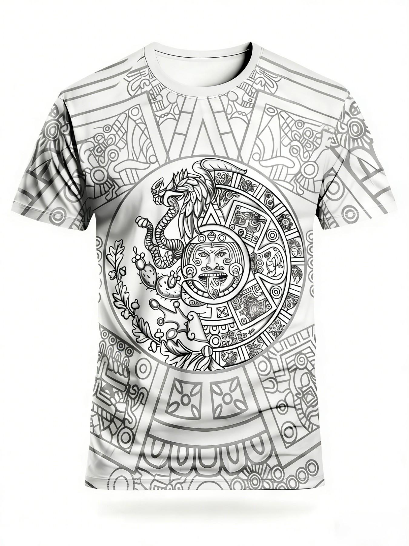 Men's Aztec Calendar Eagle Print T-Shirt, Mexican Indigenous Full-Print Street Style Round Neck Short Sleeve Top, All Seasons Loose Fit