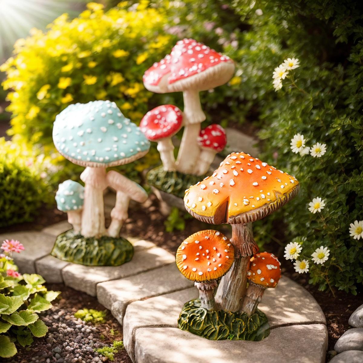 Resin Mushroom Decorative Figurine, Hand-Painted Garden Ornament, Realistic Three Small Mushrooms Design, Home Yard Decoration