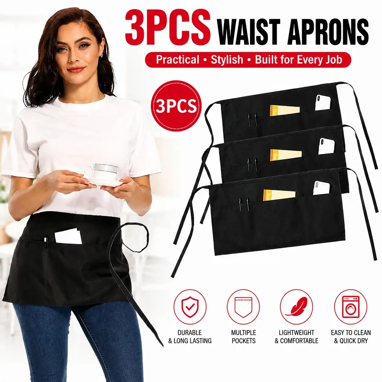 Pocket Apron 3-Pack｜Water-Resistant Waist Aprons with 3 Divided Pockets｜Adjustable One-Size Work Aprons for Servers, Kitchen, Cleaning, Baking, Gardening (White)