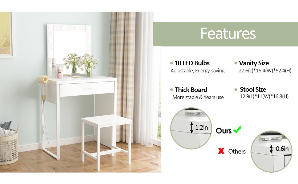 Vabches Makeup Vanity Desk, White Vanity Set Vanity Table with Lighted Mirror, 10 LED Lights Brightness Adjustable, 27.6in(L), White