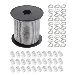 1/8" Stainless Steel Cable Kit, 98ft Wire Rope Nylon Coated 7 * 7 Strand with M3 Wire Rope Thimbles Rigging, Aluminum Crimping Loop Sleeve Ferrules
