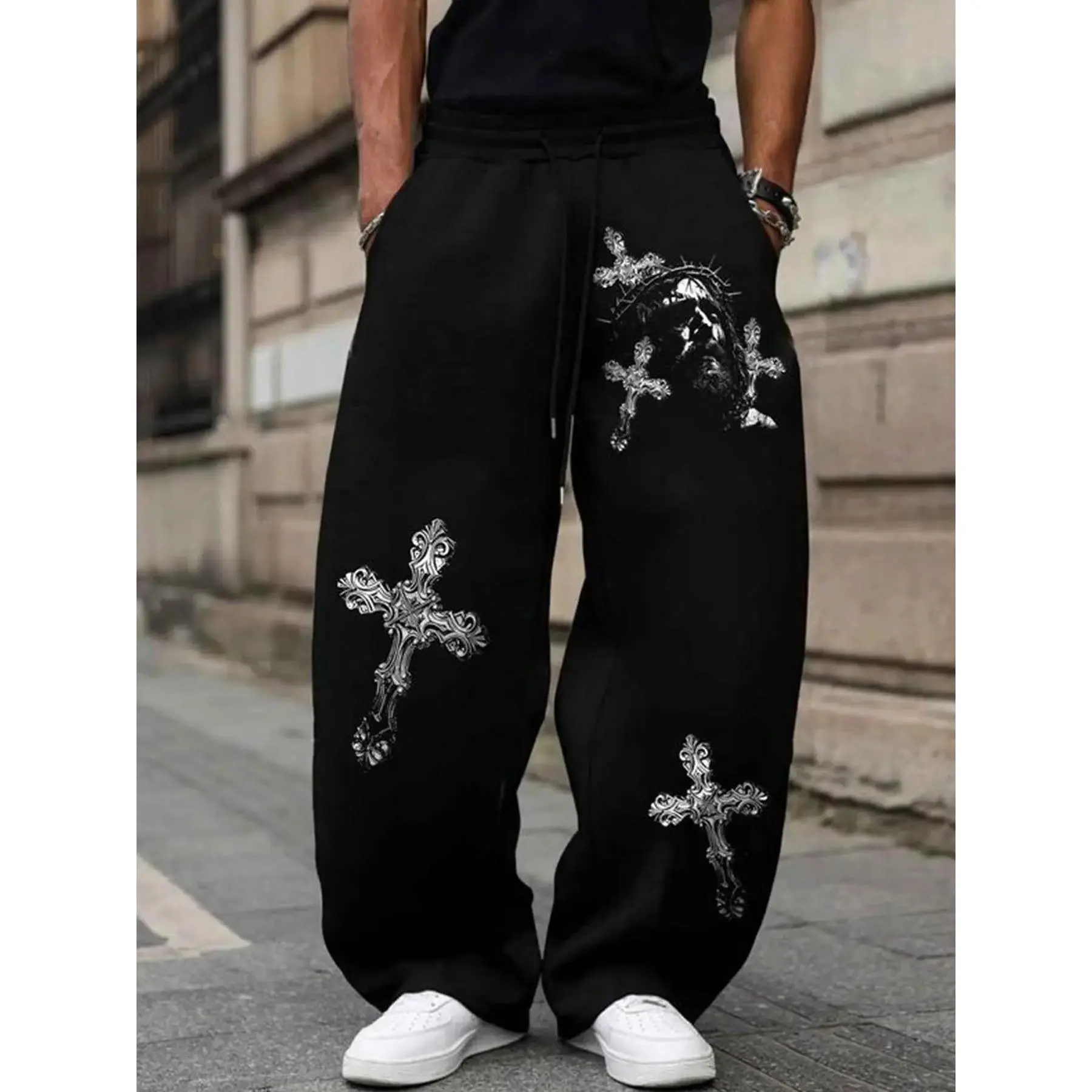 Unisex Gothic Spirit Sweatpants with Cross Jesus Print, Loose Fit Boyfriend Style Casual Pants for All Seasons, Comfortable Soft Material for School or Night Out