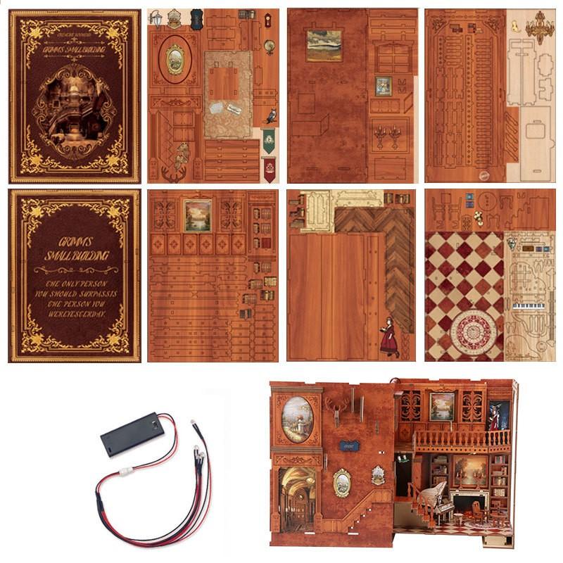 Grimm's Library DIY Book Nook Kit - 3D Wooden Miniature Bookshelf Insert, Vintage Cabin Diorama Bookend, Home Decor Ornament