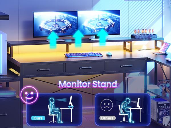 SEDETA 59Inch L Shaped Gaming Desk with PC Display Stand, Reversible Computer Desk with Storage Shelves, 4 Drawer & LED Lights, Modern Gamer Desk Table with Power Outlet, Monitor Stand