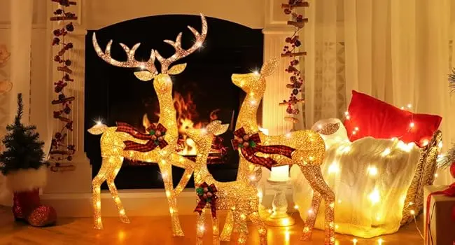 Product Introduction of FOOWIN 3D Large Lighted Christmas Deer Family Set, 3-Piece 4.8Ft Pre-Lit Reindeer Outdoor Christmas Decoration with 210 LED Lights, Red Bows,Stakes, for Yard Patio Lawn Garden Courtyard 8