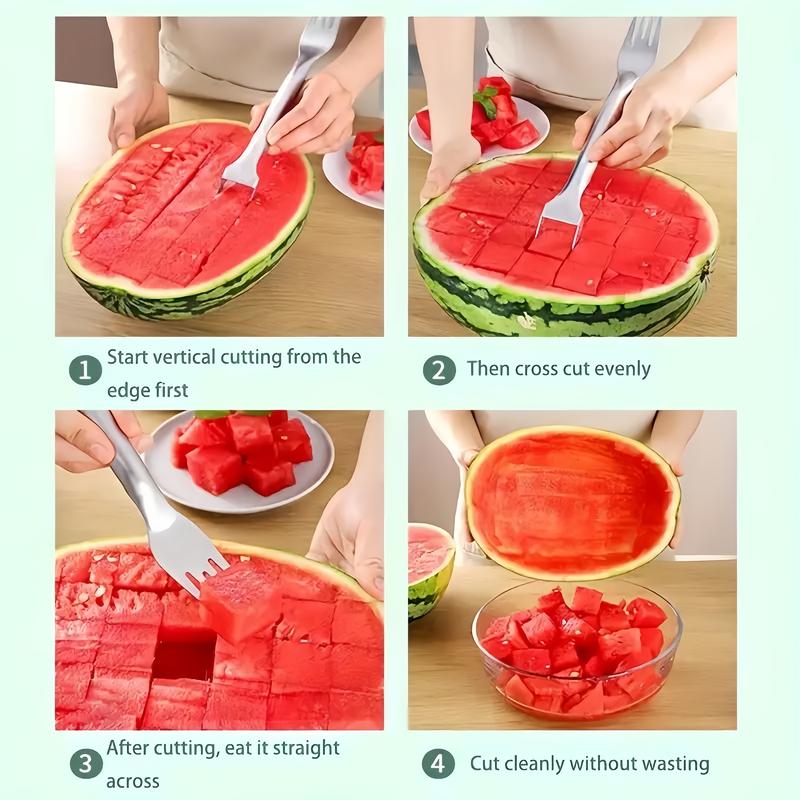 2-in-1 Stainless Steel Fruit Cutter 4-Piece Set - 2025 Upgrade Watermelon Slicer & Fork, Multi-Purpose Kitchen Utensils for Melons, Fruits - Includes Candy Plastic Spoon (Durable & Dishwasher Safe)
