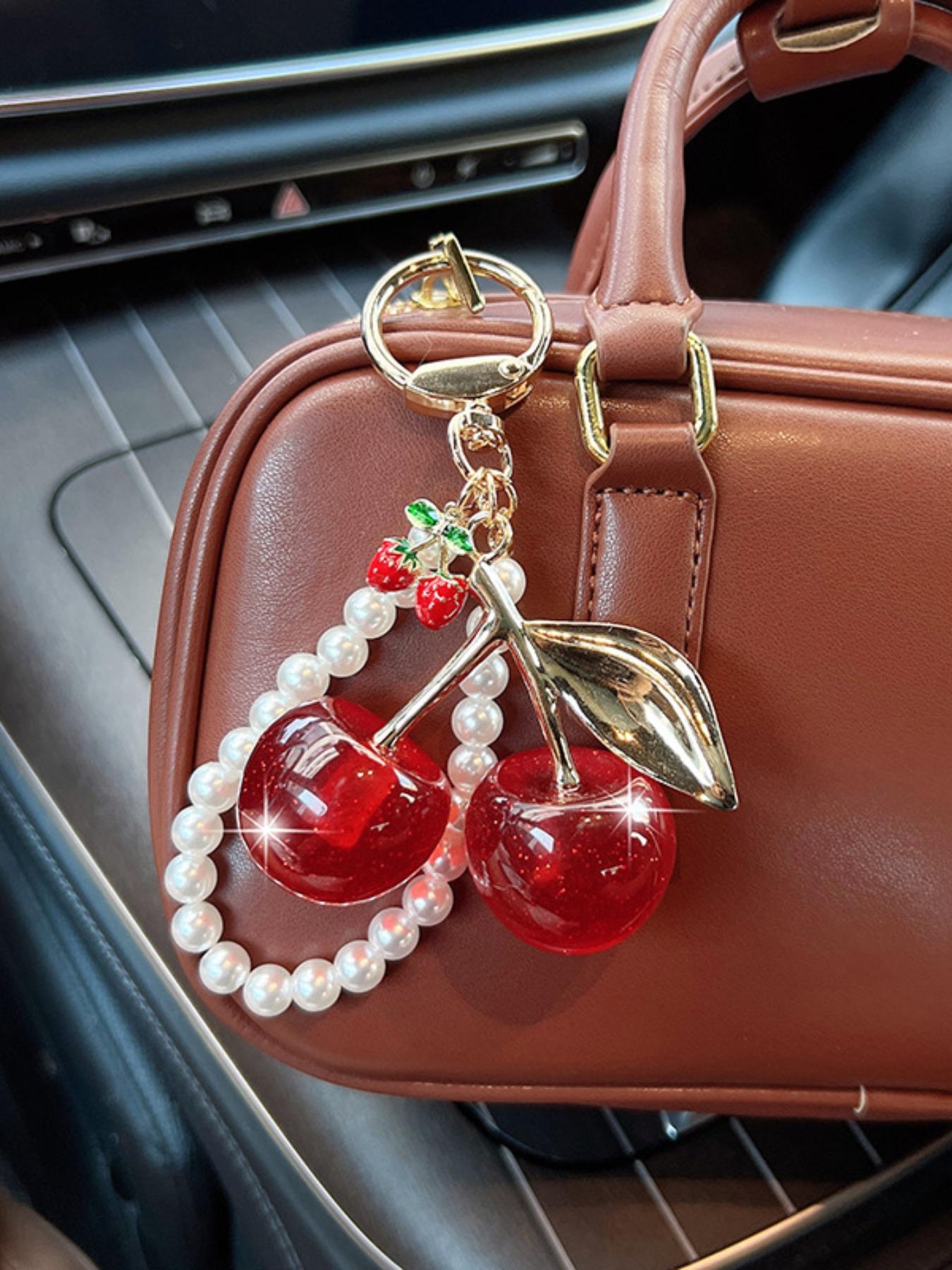 Women's Pearl Chain Sparkle Cherry Fashion Car Keychain, Creative Bag Decoration Charm, Stylish Key Ring Gift Choice, All Seasons, Keychain For Bags