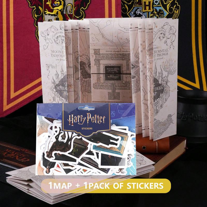 1pc Harry Potter Officially Licensed  Map of The Marauder's School of Magic Hogwarts Wizard Hermione Character Stickers  Magical Cosplay Props Movies Anime Peripheral Gilded Tickets Treasure Hunt Map Water Proof DIY Stickers