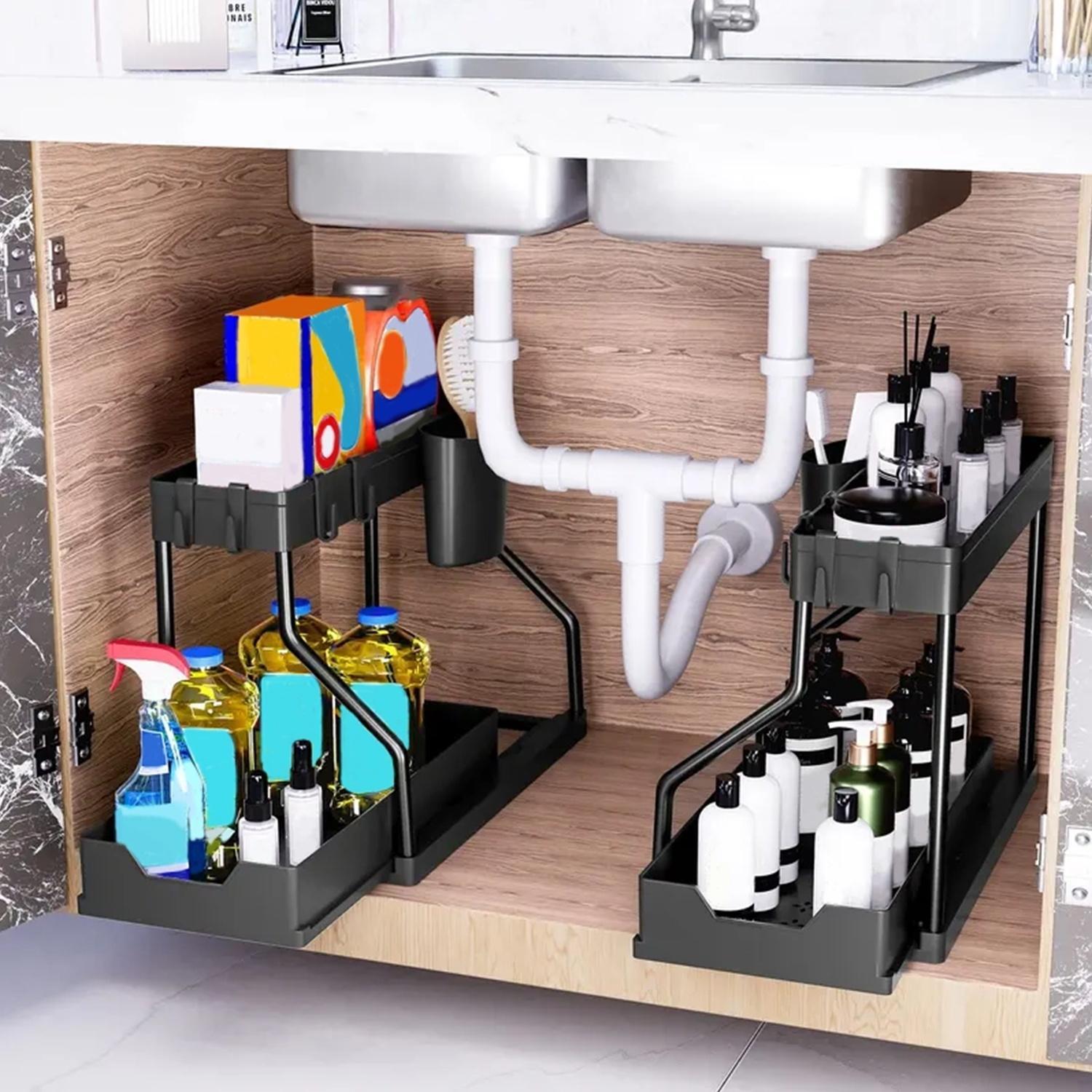 2 Layer Pull Out Storage Rack, Large Capacity Adjustable Dividers Drawer Organizer, Kitchen and Bathroom Storage Rack, Double Tiers Cutlery Holder, Drawer Dresser Organizer, Kitchen Sink Rack, Bathroom Organization