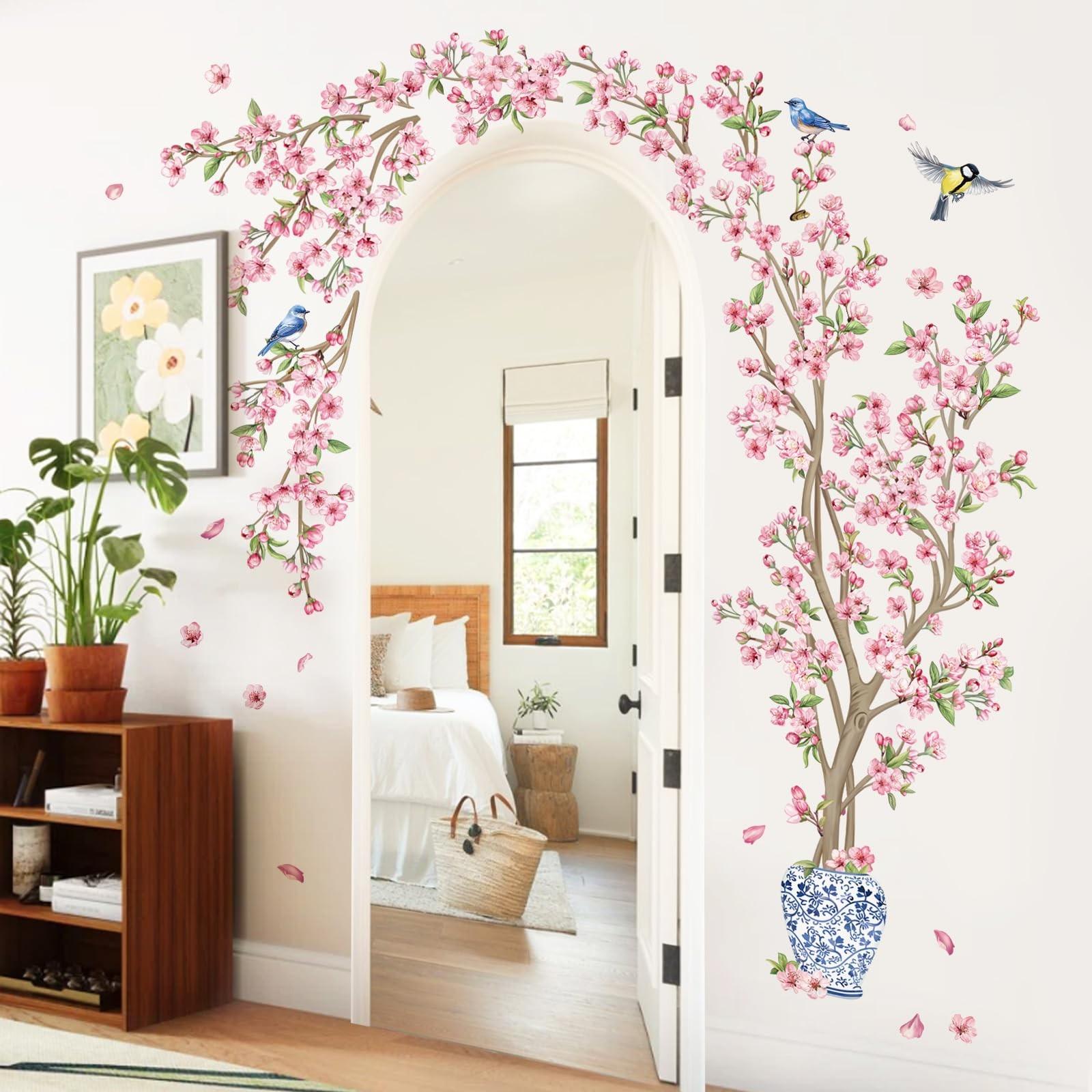 Cherry Tree Wall Sticker, Hanging Flower Branches, Bird Wall Sticker, Suitable for Living Room, Bedroom, TV Background