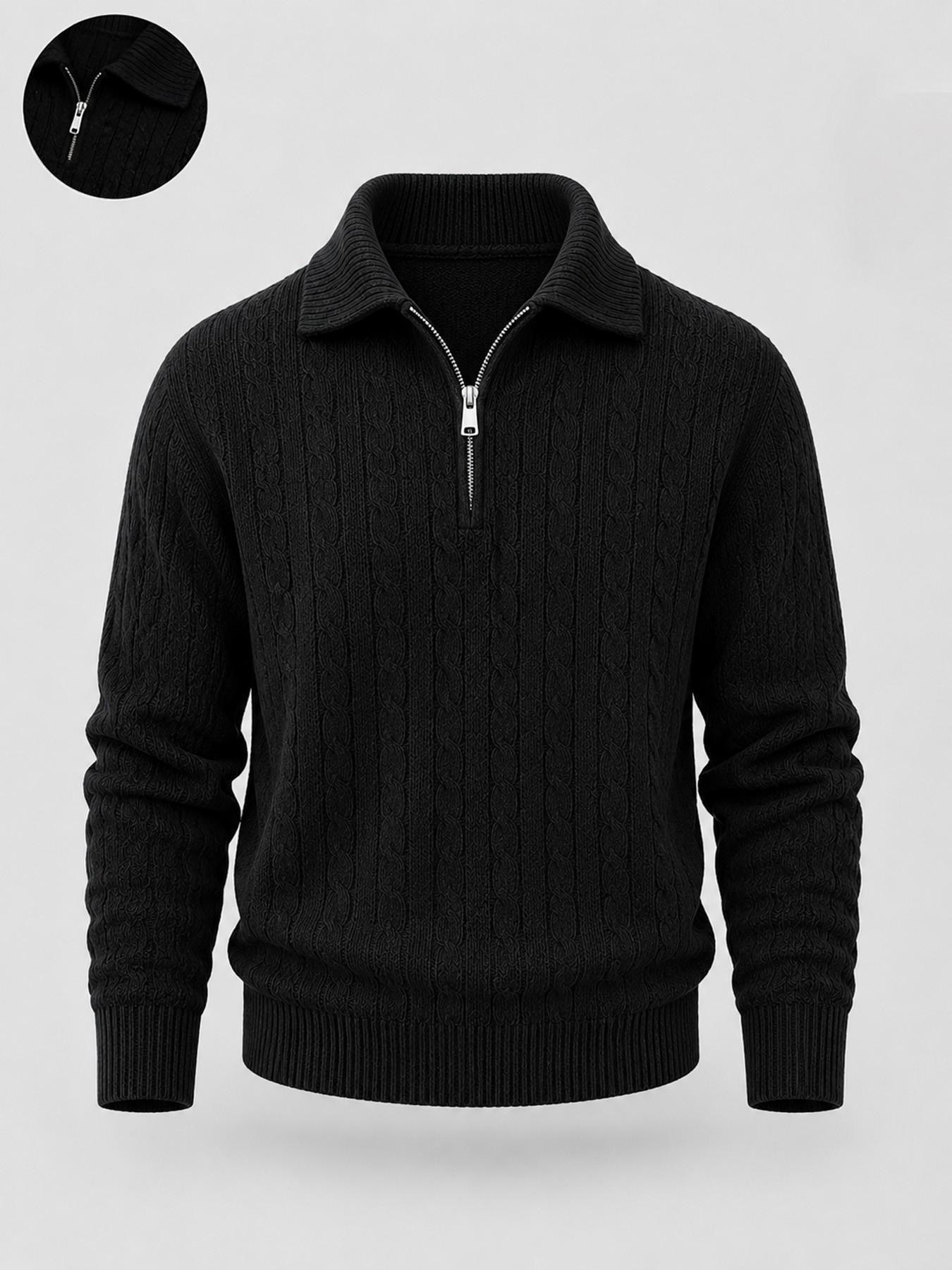 Men's Long Sleeve Cable Knit Polo Jumper, Knitwear, Lapel Collar Half Zip Placket, Thick Soft Warm Fabric, Casual Fall Winter Wear, Smart Office Commute