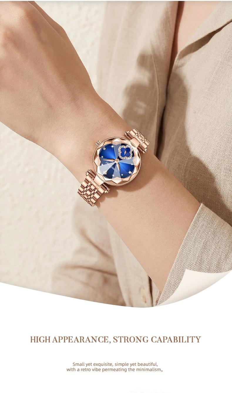 Women's Luxury Rose Gold Quartz Watch - Red Clover Dial with Crystal Accents, Diamond Flower Detail, Stainless Steel Band, Elegant Dress Wristwatch, Perfect Gift for Her