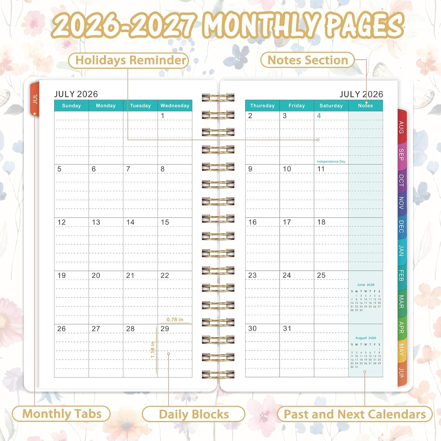 Pocket Planner 2026-2027 - Pocket Calendar 2026-2027 for Purse, JULY 2026 - JUNE 2027, 6.77” x 4.13”, Weekly and Monthly Planner with Colorful Tabs, Double-side  Pocket, Holidays - Wildflowers