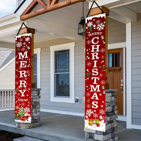 1 Pair of Merry Christmas Banner Signs, Front Porch Door Banner Decorations, Suitable for Urban and Rural Walls, Indoor and Outdoor Courtyards and Gardens, Christmas Party Decorations