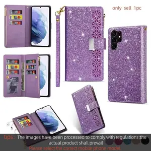 Wrist Strap Zipper Flip Protective Case For iPhone 17 Pro Max 16 Plus 15 14 13  Multi 9 Cards Glitter Leather Lanyard Wallet Cover Smartphone