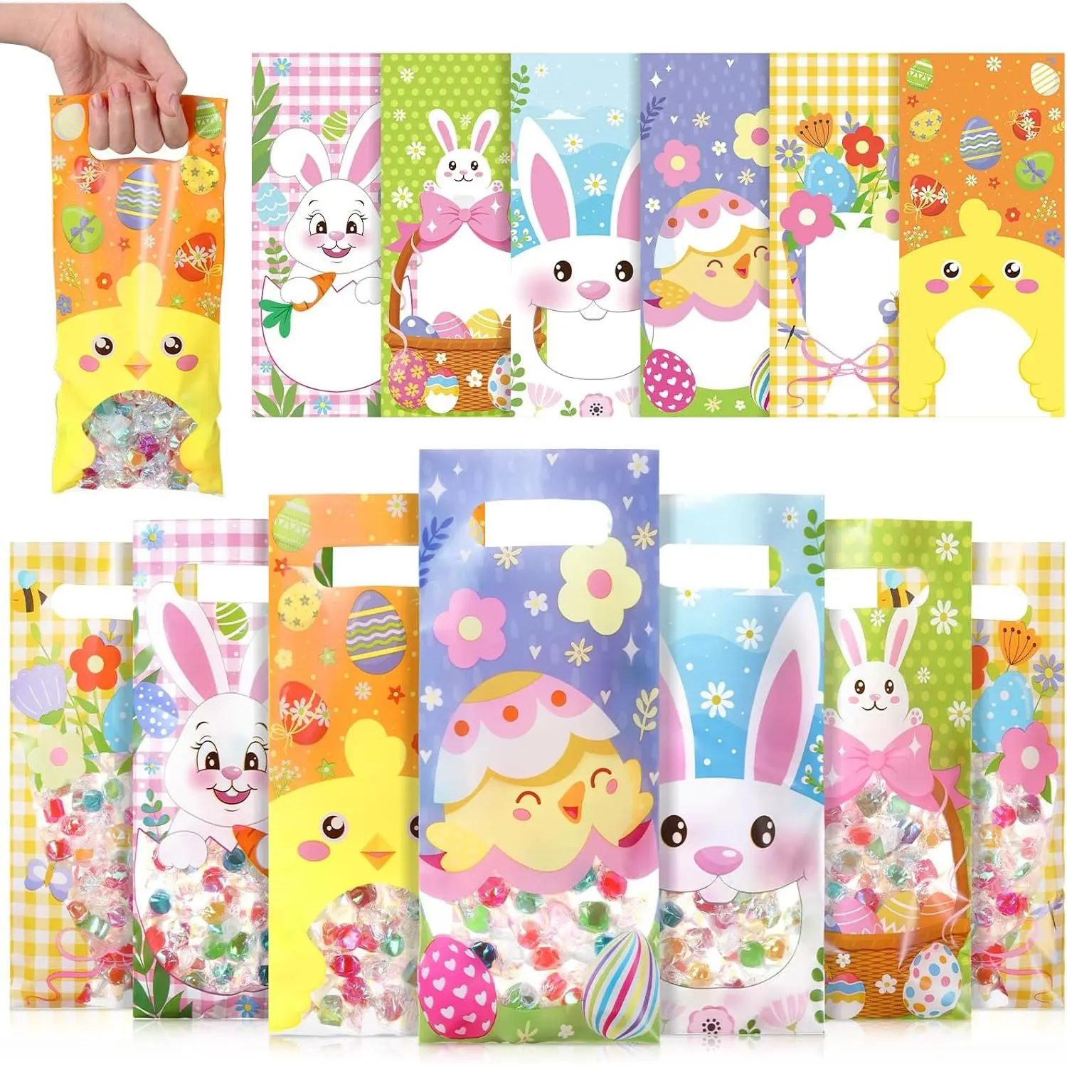60 count Easter  Bags Bulk Plastic Cellophane Bags with Clear Window Display Small Candy Goodie  Handbags for Halloween Autumn Harvest Birthday Party Favor Supplies