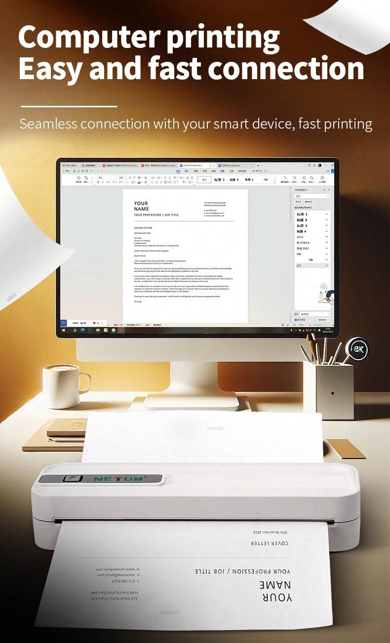 Portable Wireless Inkless Printer, Bluetooth-compatible Thermal Printer Compatible with iOS Android Laptop, Supports Us Letter and A4 Paper