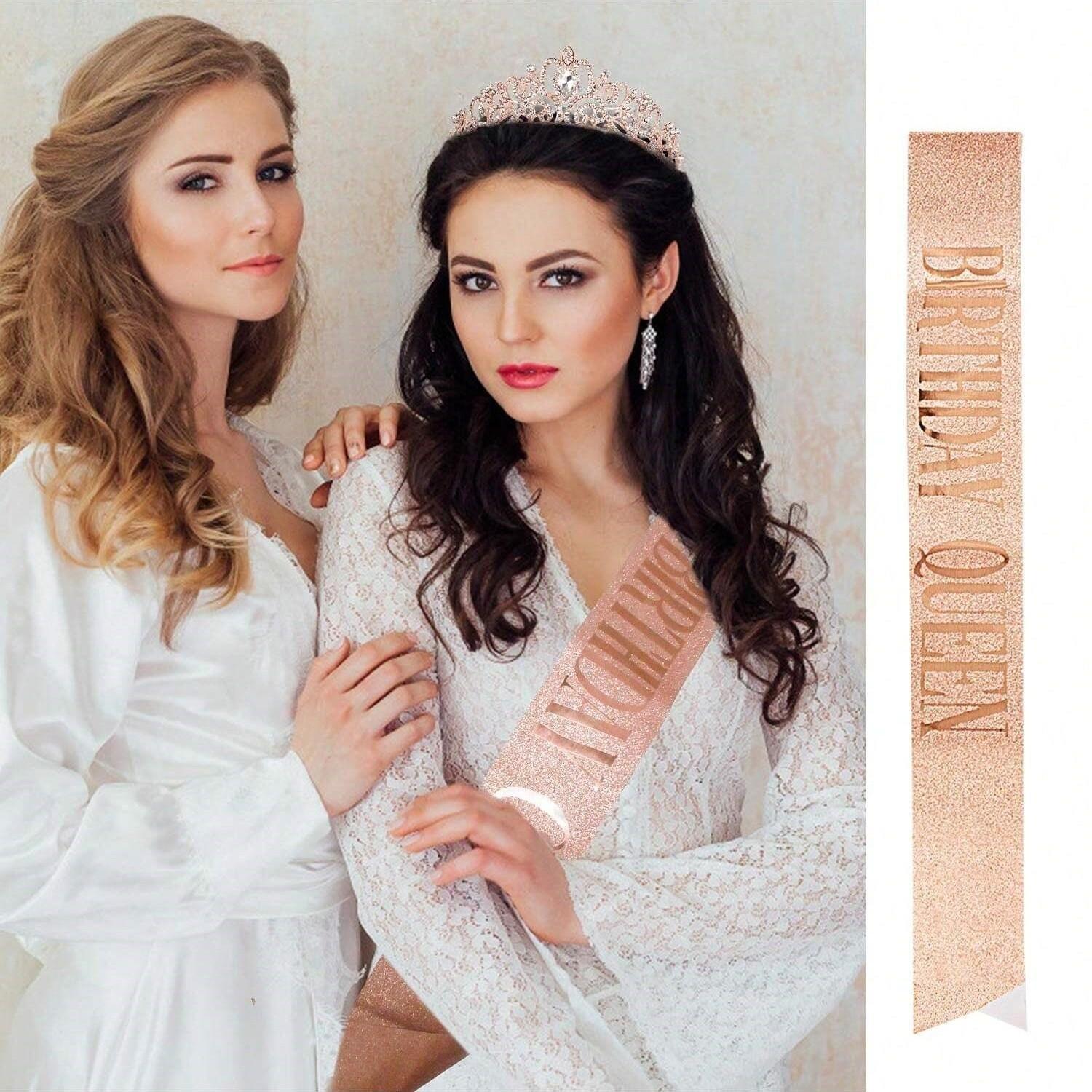 Rose Gold Birthday Crown Set for Girls, Party Accessories, Women's Belt & Headband, Perfect Gift for Birthdays, Stylish Hair Accessory