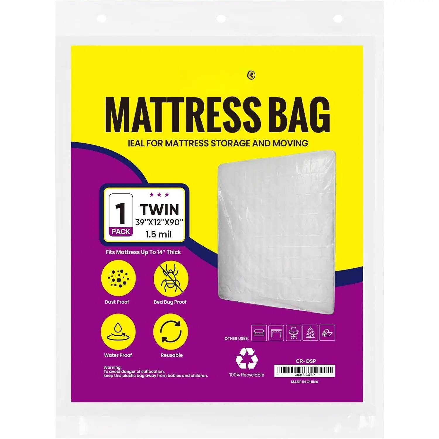 Mattress Bags for Moving and Disposal – Plastic Mattress Protector for Storage, Mattress Cover,TearResistant Mattress Wrap, Storage,Moving Supplies