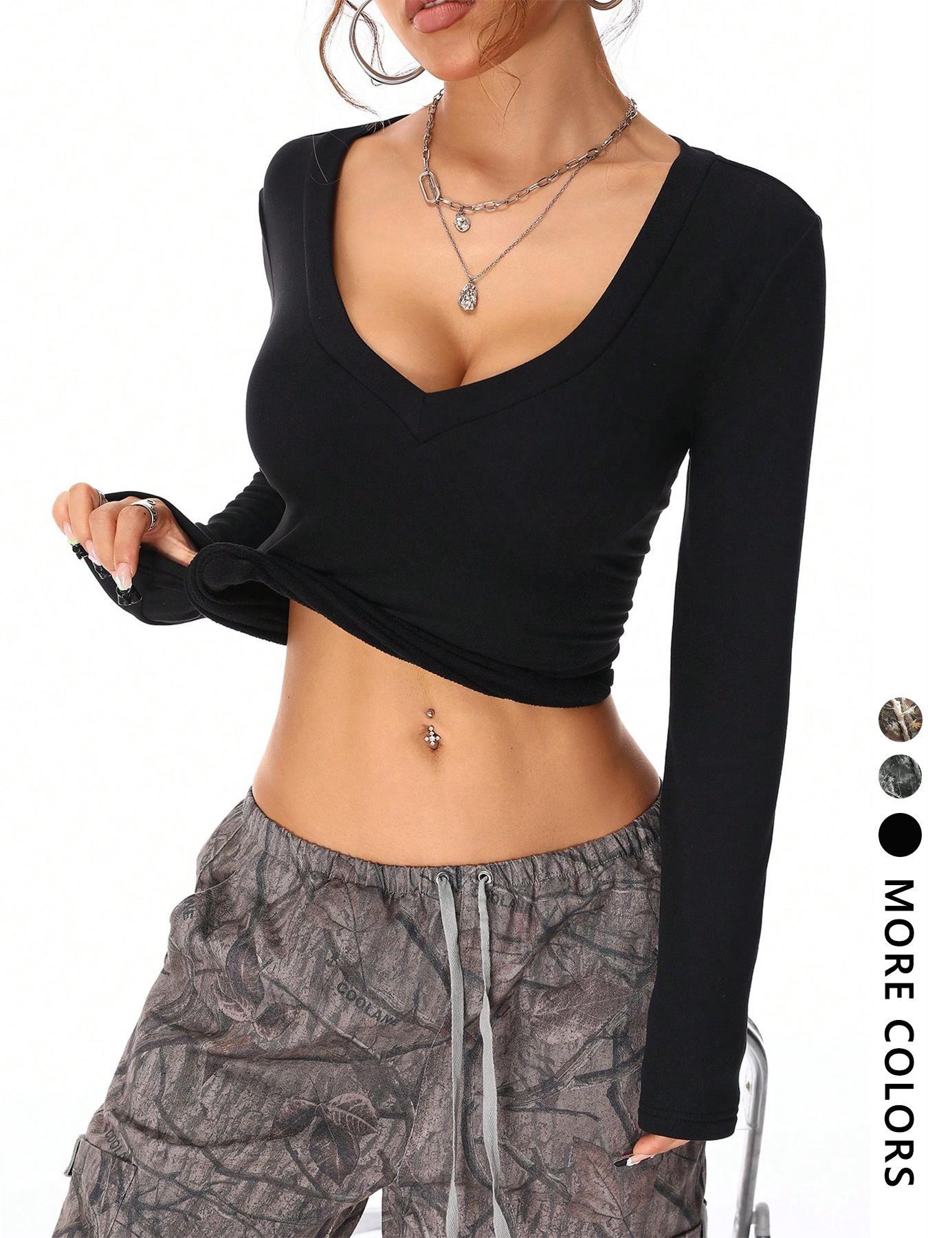 Women's Plain / Camo Print Tee, Casual Long Sleeve V Neck T-shirt for Fall & Winter, Women's Clothing for Daily Wear, Womenswear