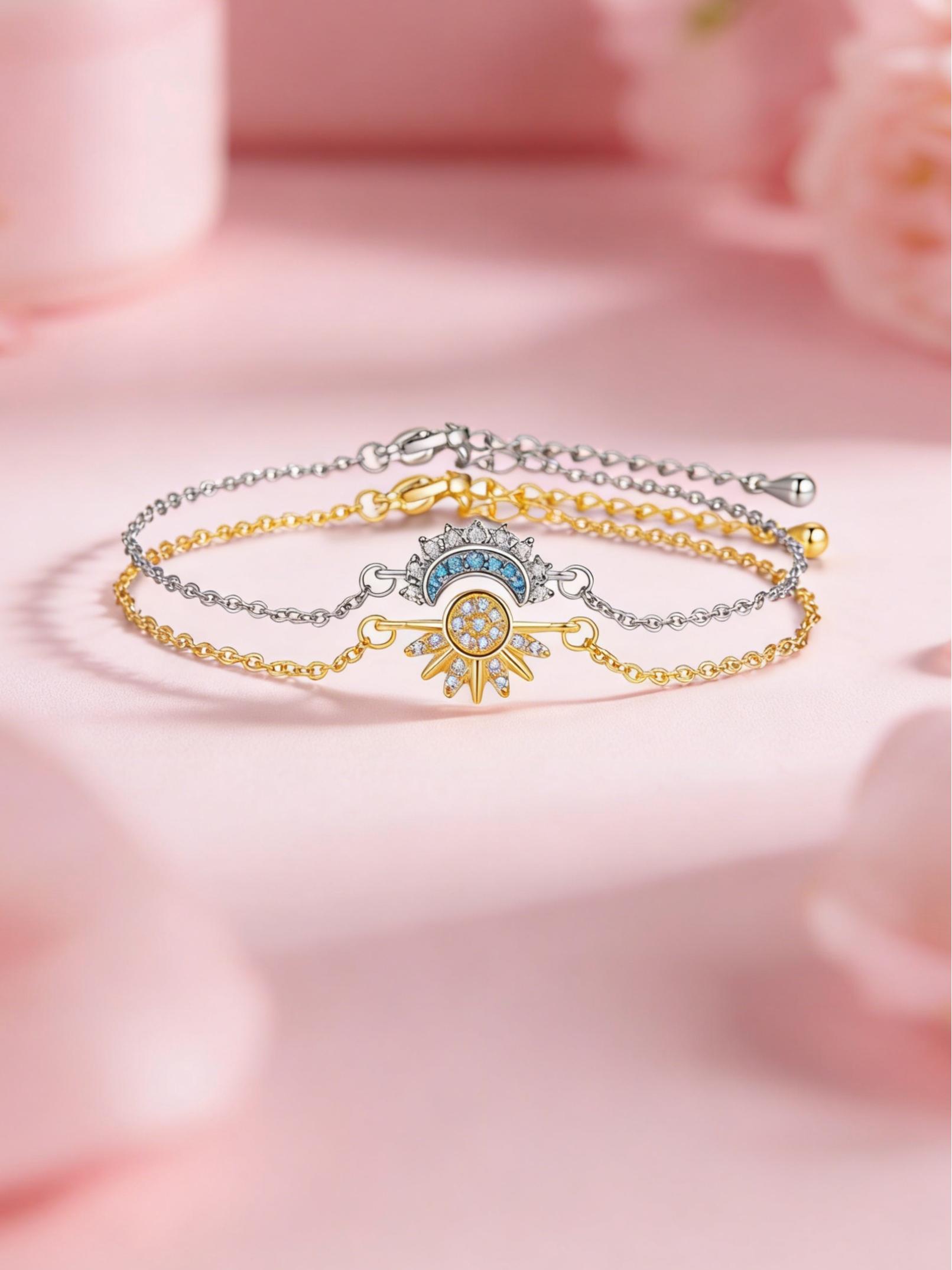 Sun and Moon Bracelet Set for bestfriend, sister gift,Stackable Gold Sun & Blue Moon Bracelet, Matching Couple/Friendship/sister Jewelry