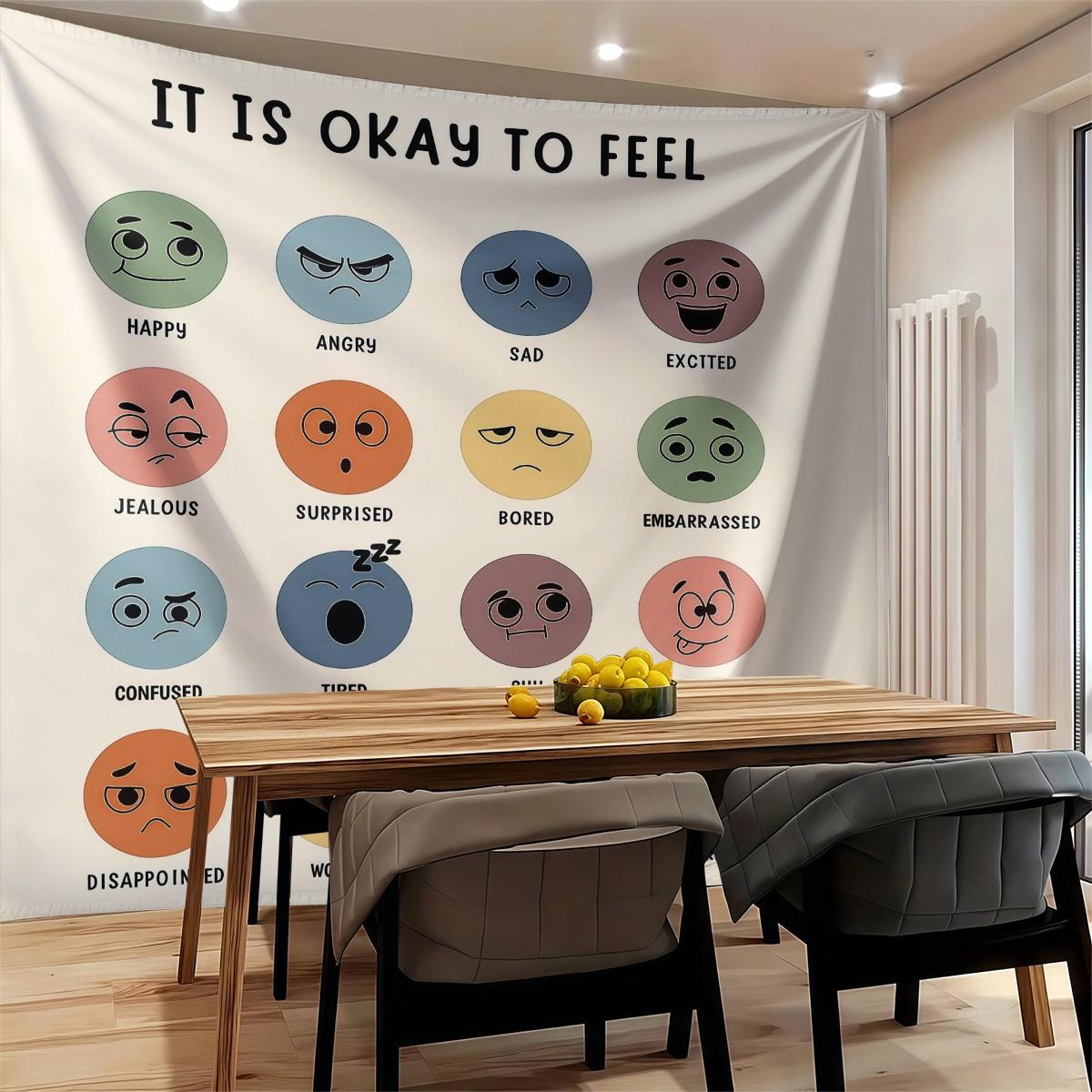 It Is Okay to Feel Emotion Chart Tapestry, Mental Health Awareness Wall Hanging, Colorful Mood Faces Tapestry for Bedroom Living Room Office, Positive Affirmation Wall Decor, Ideal Gift for Teens & Adults