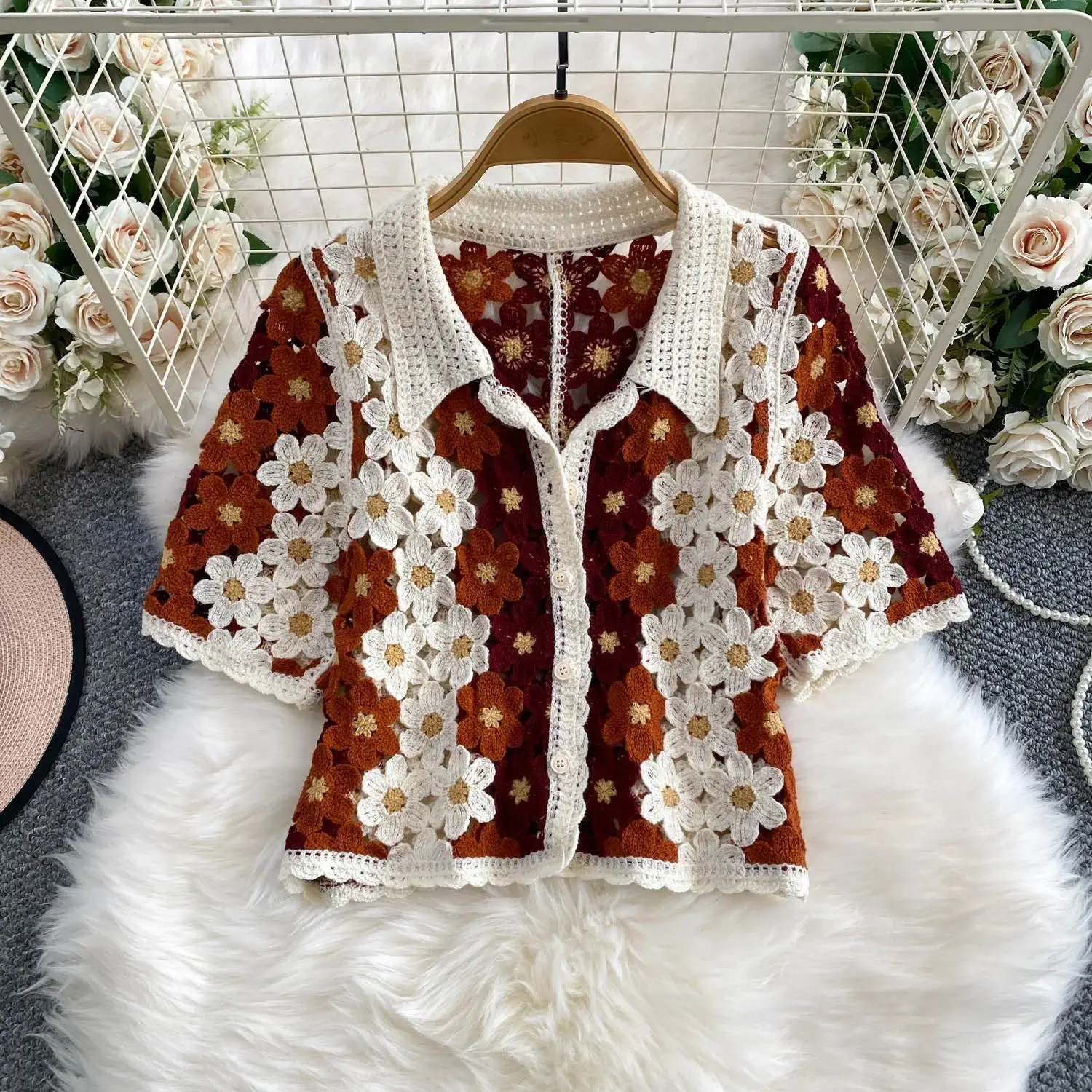 Crochet Knit Shirt Short Sleeve Floral Granny Square Button-Down Lace Blouse Women Vintage Boho Summer Festival Beach Wear