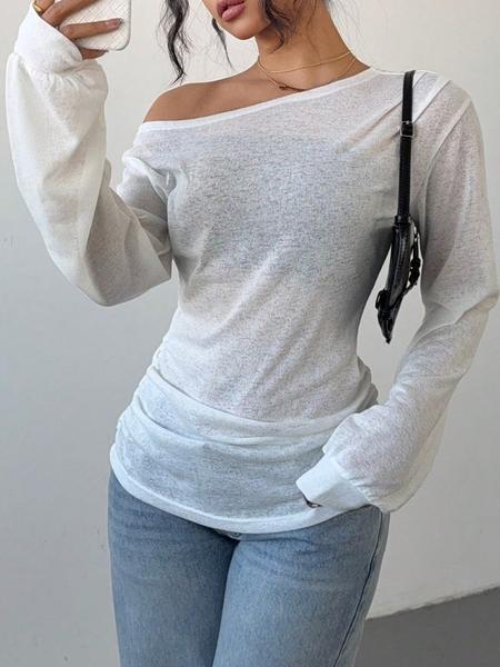 Women's Casual Loose-Fit Long Sleeve T-Shirt, Asymmetrical Neckline Top, All-Season Comfortable Wear, Moderate Fabric Thickness
