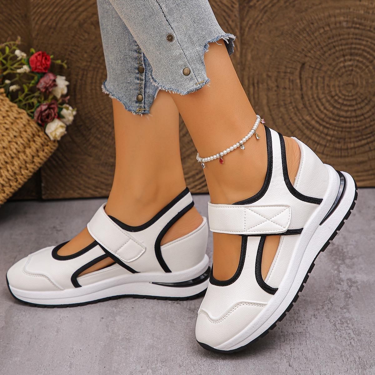 Women Hollow Out Wedge Sneaker Sandals, Breathable Hook & Loop Platform Walking Shoes, Color Block Casual Outdoor Shoes