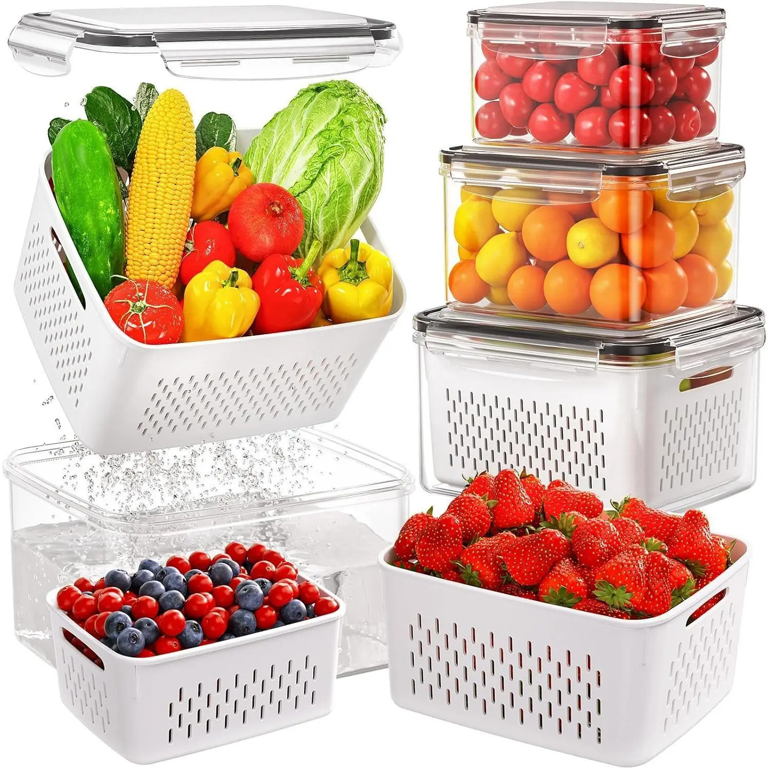 4/6-Piece Food Storage Containers with Colanders, Stackable Food-Grade Plastic Bins with Airtight, Leak-Proof Lids for Washing Fruits and Vegetables, Kitchen Fridge & Daily Sundries Organization, Draining