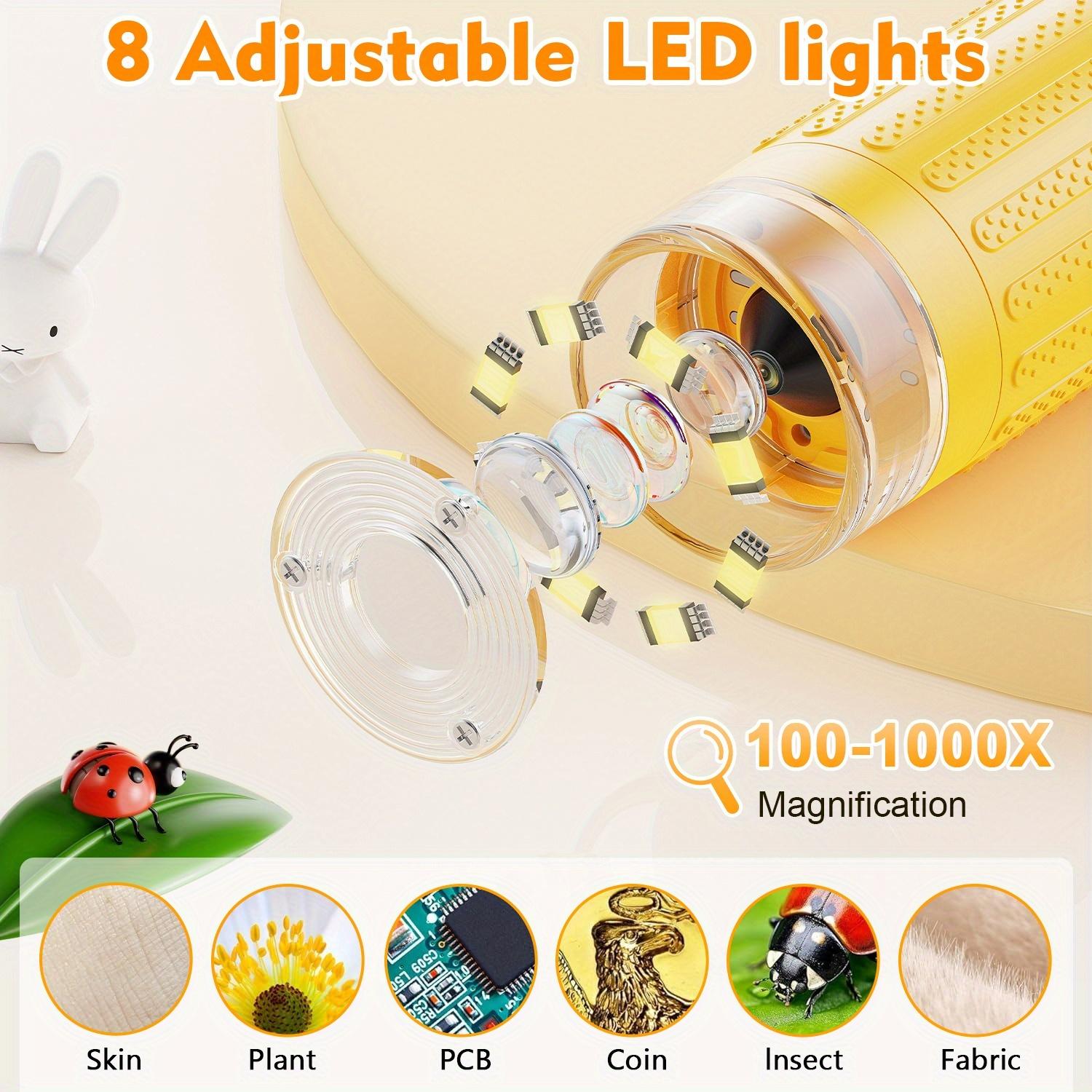 Portable Microscope, Handheld Digital Microscope with 8 Adjustable LED Lights, IPS Screen Electronic Magnifier, Suitable for Children and Adults, LCD Digital Microscope