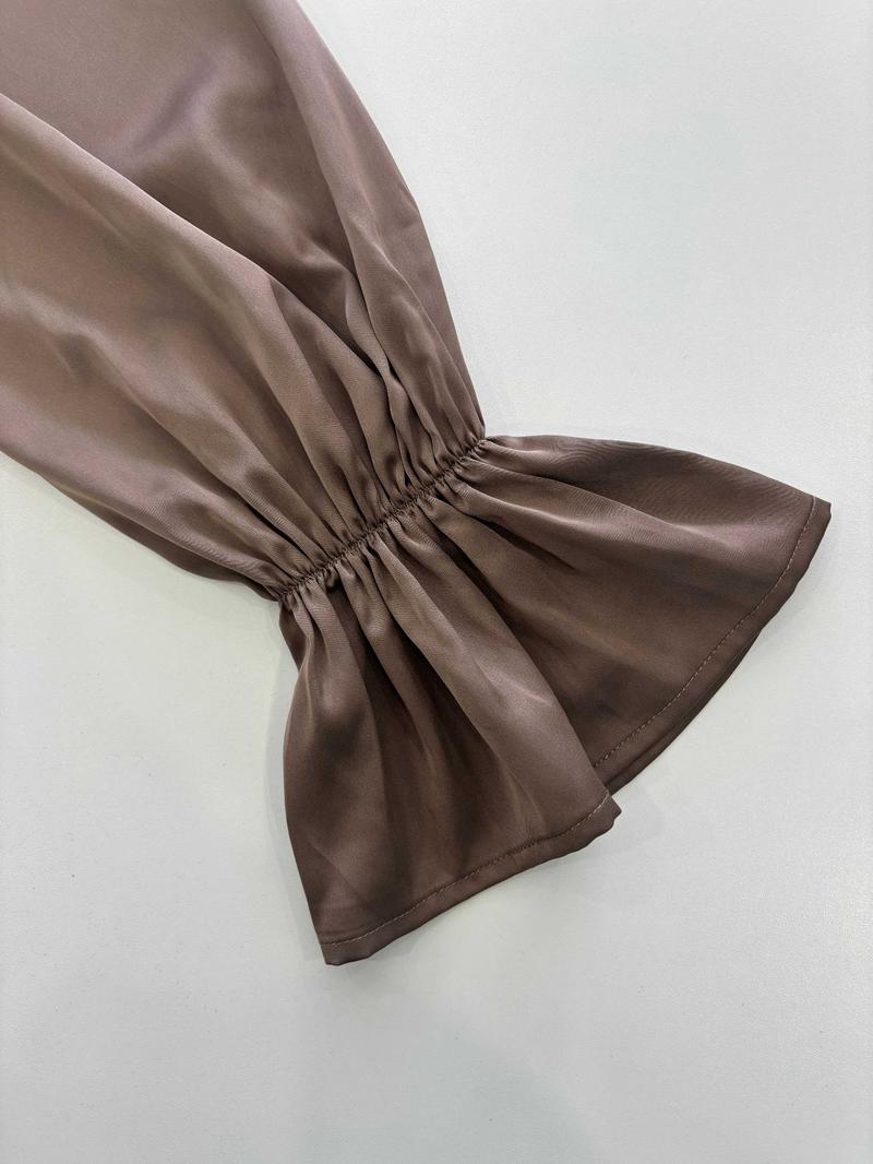 Elegant Satin Women's Dress, Long Sleeve Round Neck, Belted Plain Style, Chic Elegant Fitted, Perfect for Parties and Formal Occasions, Spring & Fall