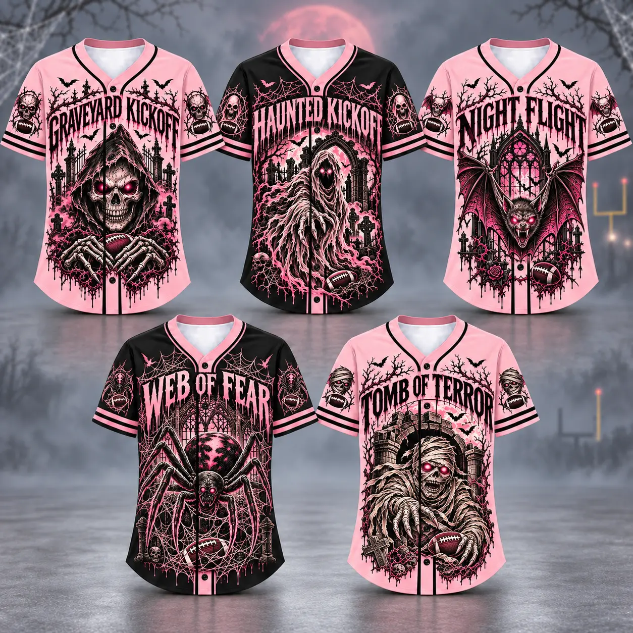 Halloween Baseball Jersey for Women and Men, Pink Graveyard Kickoff Skull Football Graphic Shirt, Short Sleeve Button Front V-Neck Top with Black Striped Cuffs, Gothic Graveyard Print for Game Days, Tailgate Parties and Everyday Spooky Season Outfits