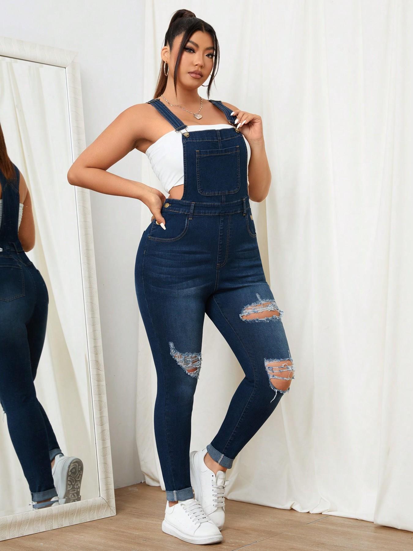 Women's Sweet Cool Denim Strap Jumpsuit, Boho Ripped Design Loose Fit Slimming Overall, Dark Color Casual Home Essential Bohemian Womenswear Women's Sweet Cool Denim Strap Jumpsuit, Boho Ripped Design Loose Fit Slimming Overall, Dark Color Casual Home Essential Bohemian Womenswear