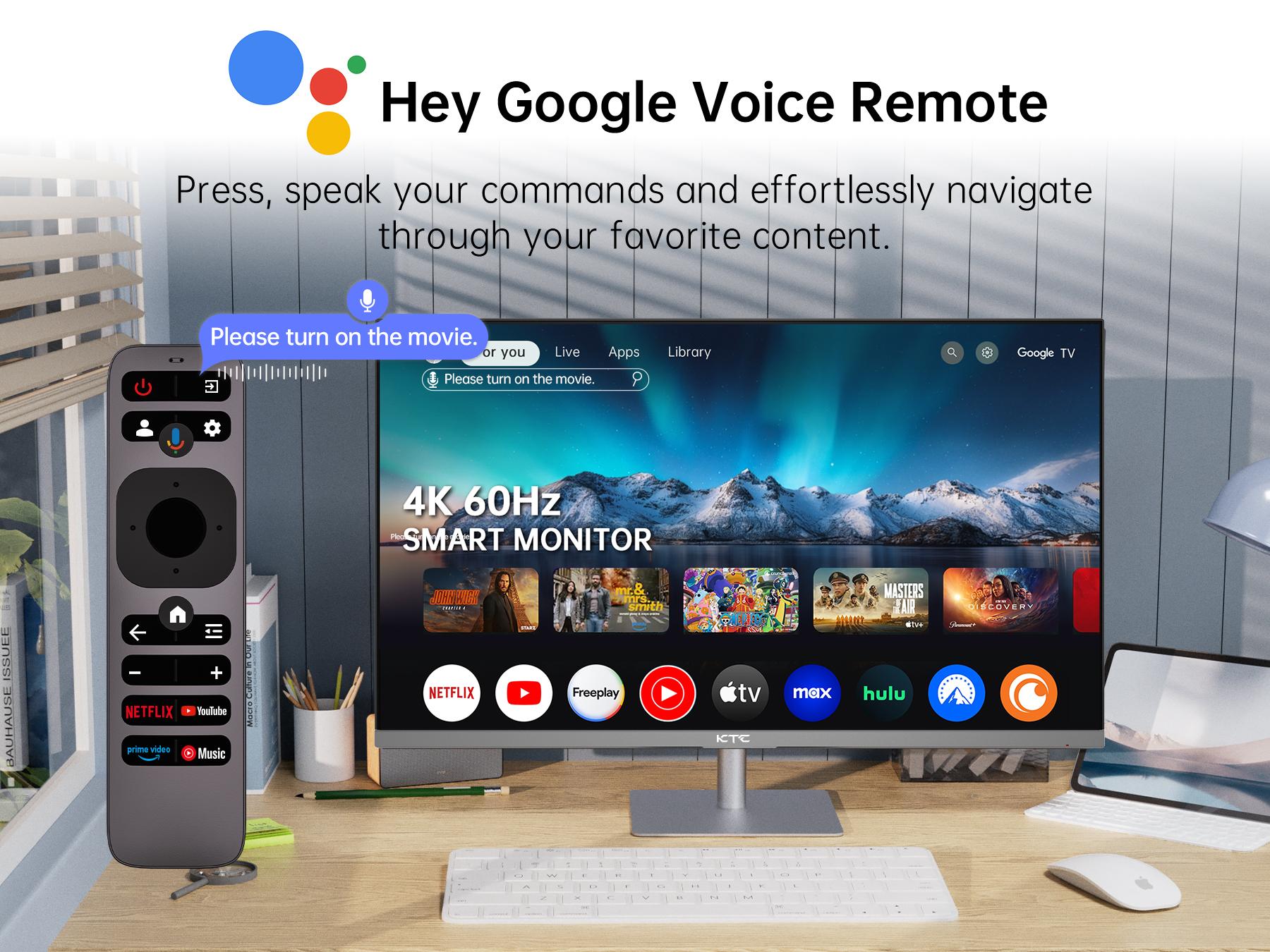 KTC 32 Inch 4K Smart Monitor with Google TV System 3840 * 2160P Netflix Licensed Type C 65W PD Speakers 5W*2 Dolby Audio Hey Google Voice Remote HDR WiFi Bluetooth VESA Tiltable 32 in Smart TV