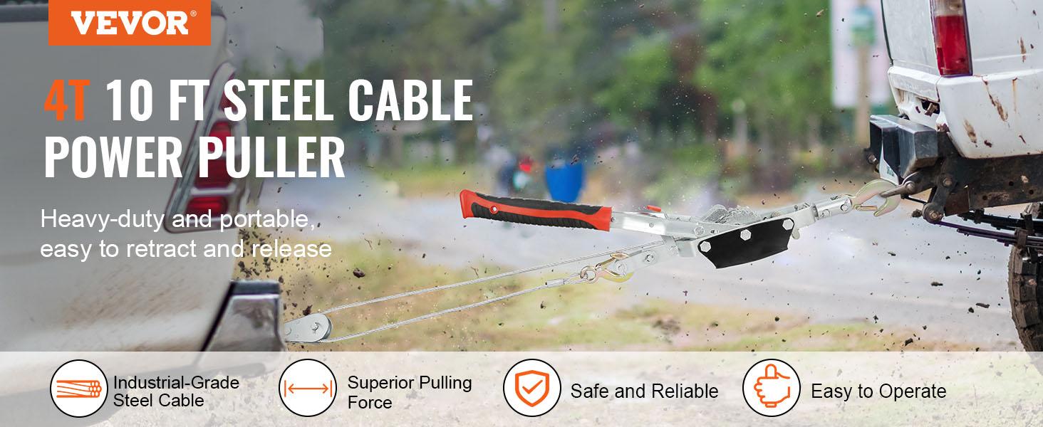 VEVOR Come Along Winch, 4 Ton (8, 818 lbs) Pulling Capacity, 10 ft Steel Cable, 3 Hooks, Heavy Duty Ratchet Power Puller Tool with Dual Gears, Automotive Hoist Cable Puller Ideal for Vehicle Rescue
