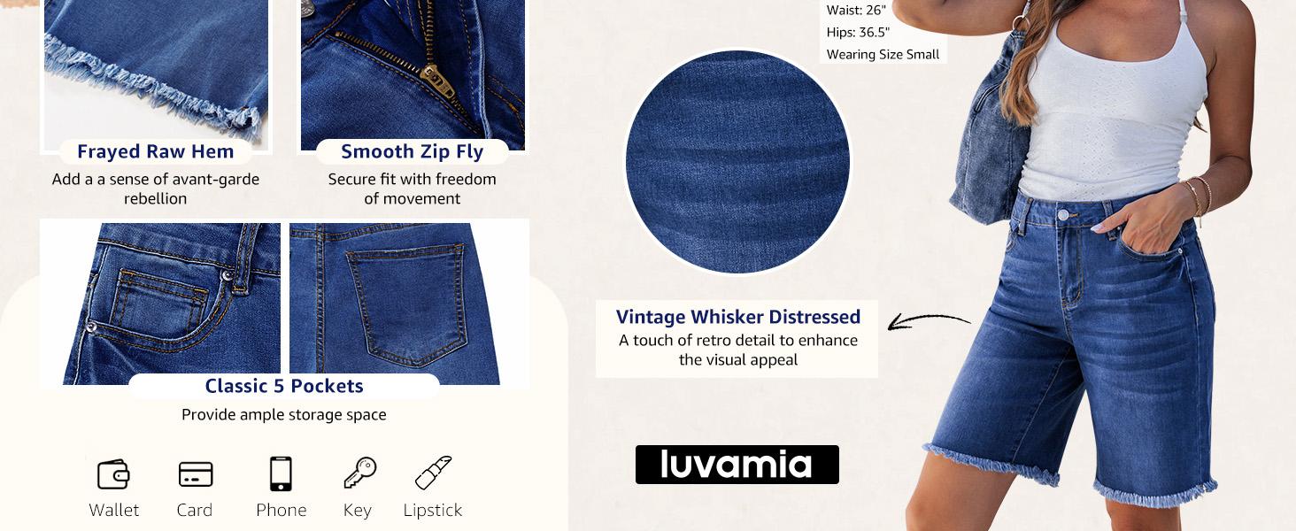 luvamia Jean Bermuda Shorts for Women Trendy Mid Rise Raw Hem Knee Length Stretchy Denim Long Shorts Summer Casual Jorts