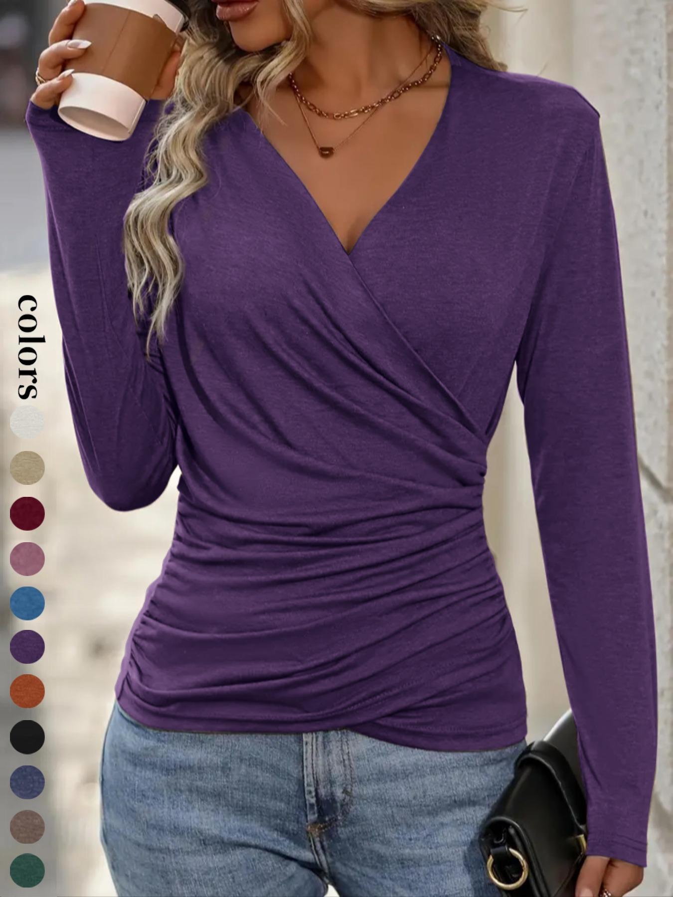 Women's Casual Long Sleeve Top with Criss Cross Neckline, Style Ruched Hem Design, Perfect for Daily Wear & Layering