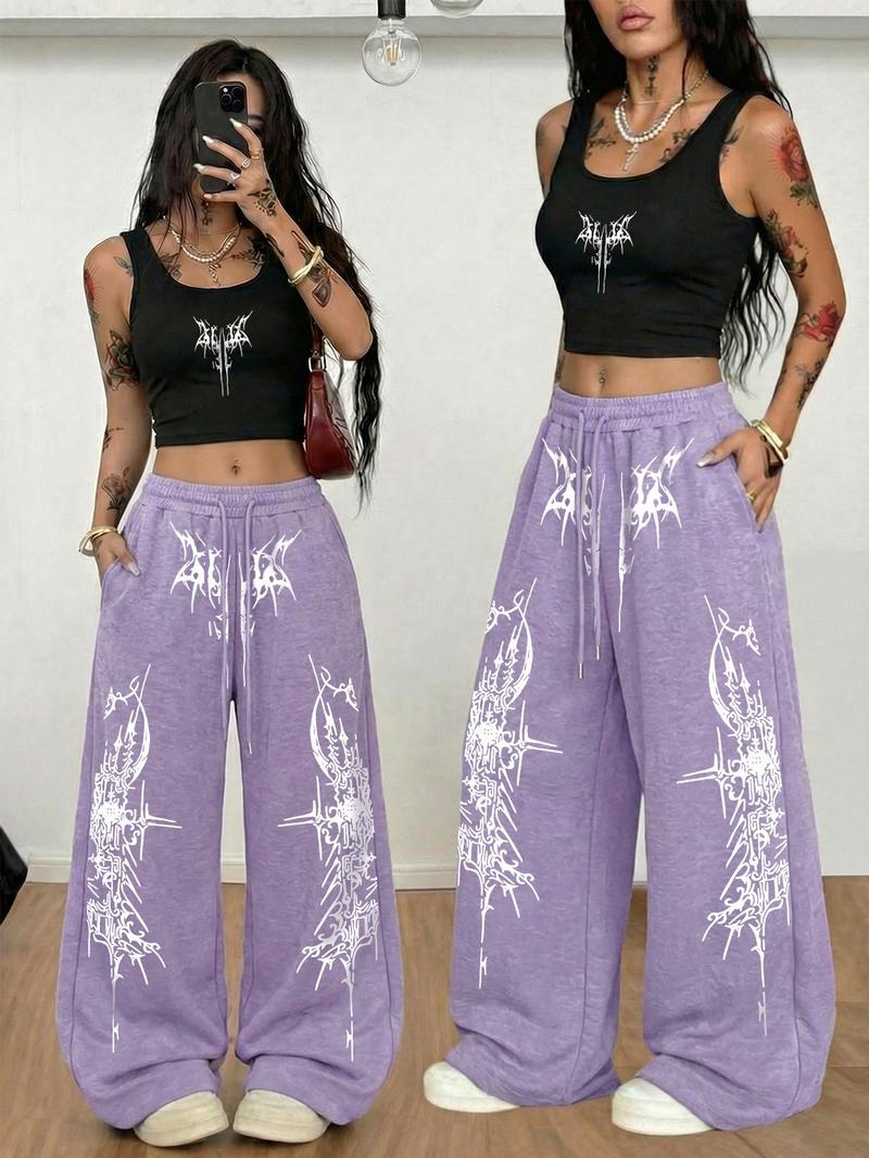 Women's Casual Streetwear Set, Fitted Sleeveless Crop Top and Straight Leg Pants, Gothic Thorn Graffiti Print, All Seasons Fashion