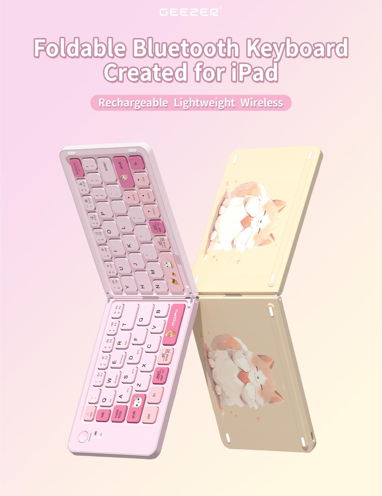 MOFii 1 Pc Z1 Pink Cat Foldable Bluetooth Keyboard, Rechargeable Portable Office Keyboard, Cute iPad Tablet Essential for Girls, US Qwerty