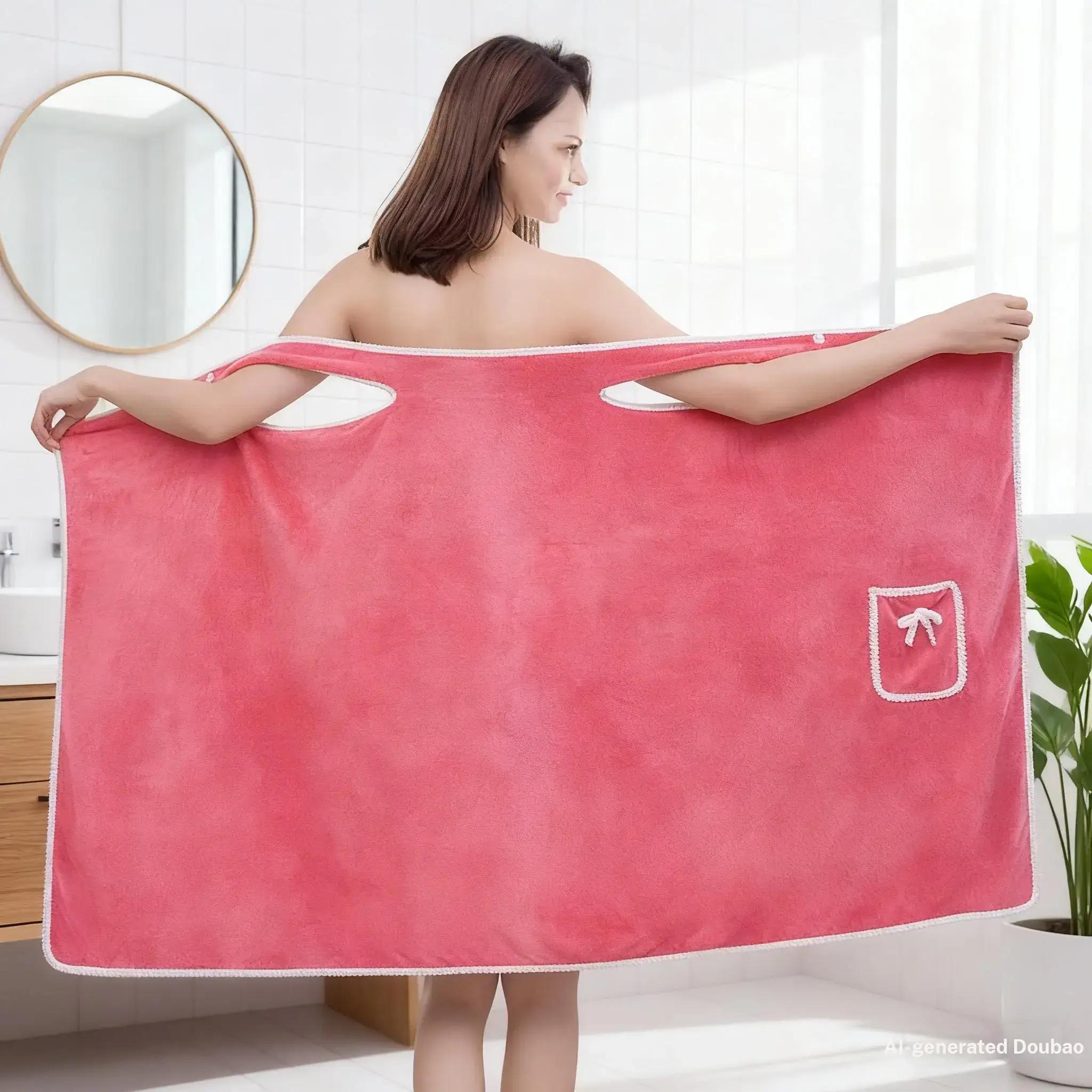 Plus Size Women's Solid Color Bathrobe, Absorbent Quick-Dry, Adjustable Wide Shoulder Straps, Available in Four Sizes, Can Be Used as Towel