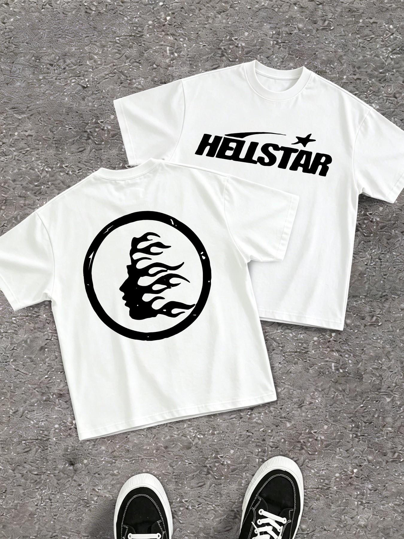 Hellstar Flame Portrait Print T-Shirt, Unisex High Street Fashion, Short Sleeve Loose-Fit Casual Top, Long Clothing for Men and Women