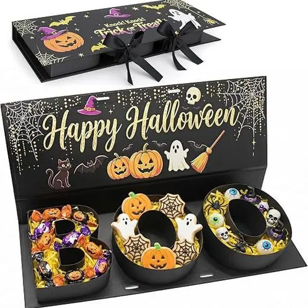 4-in-1 Halloween BOO Gift Box, Fillable Letter Shaped Candy Gift Box with 2 Black Ribbons & Raffia Paper, Reusable Trick or Treat Party Favor Box for Halloween Parties, Classroom Treats, Kids Gifts