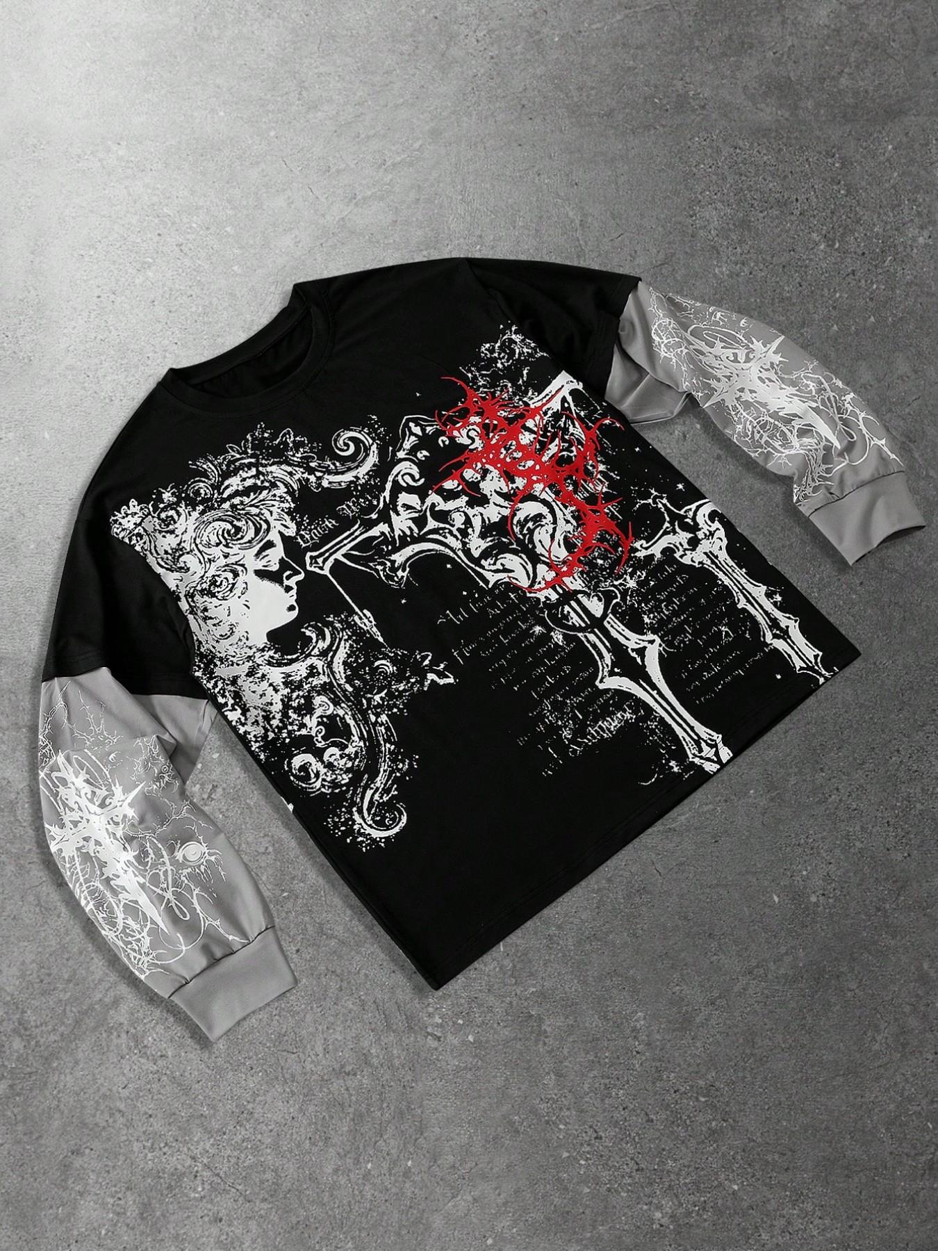 Unisex Gothic Style Long Sleeve T-Shirt with Rune and Cross Print, Ideal for Streetwear and Hip Hop Culture, Perfect Couple