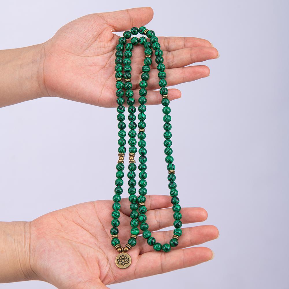 Genuine Stone 8mm Green Malachite 108 Mala Beads Money Attraction Bracelet - Unisex Long Beads Wrap Bracelet with Lotus Buddha Charm - Daily Wear Yoga Meditation Jewelry Ideal Gift